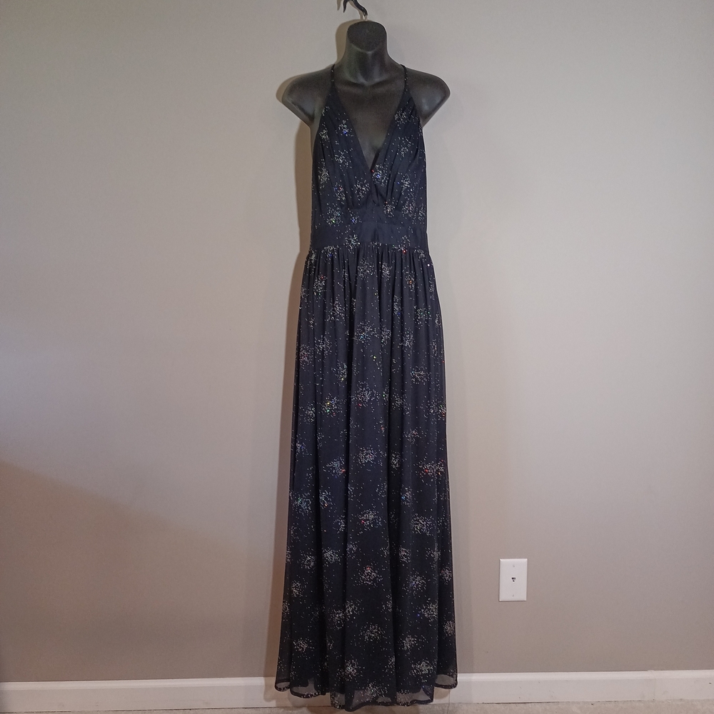Alex & Eve Gown Size 12 Deep V Evening Dress Deep Navy Sparkle Formal